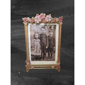 CARR Metal Photo Frame 5x7 Gold Tone Pink Enamel Flowers Easel Hang Portrait